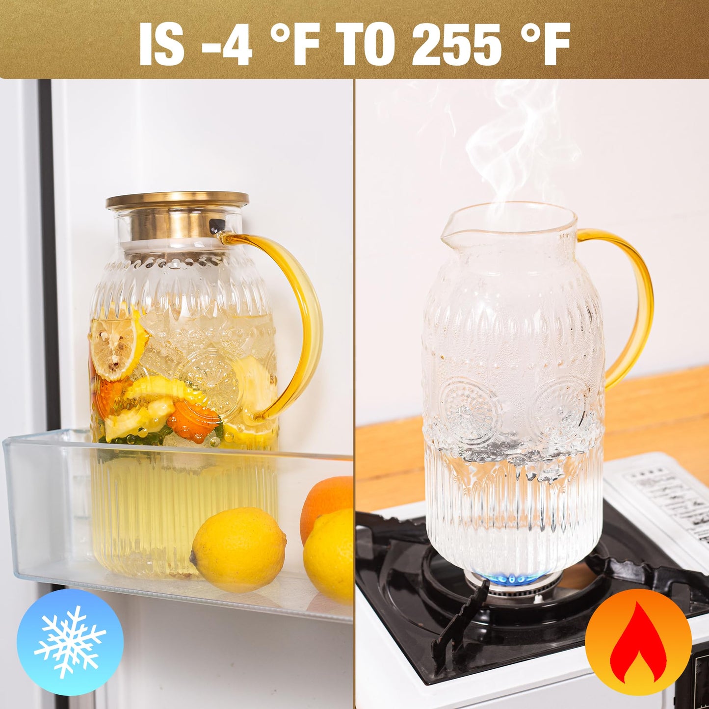 Amzcku Glass Pitcher with Lid, 68 oz/ 2 Liter Vintage Water Pitcher,Glass Water Carafe for Cold Brew, Coffee, Lemonade, Iced Tea,Beverage, Heat Resistant Water Glass Jug 1Pack
