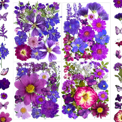 LUCISKY 132Pcs Purple Pressed Dried Flowers and Butterfly for Resin Molds, Real Natural Bulk Dry Floral Leaves Stickers for DIY Art Crafts, Jewelry, Candle, Soap Crafts Making