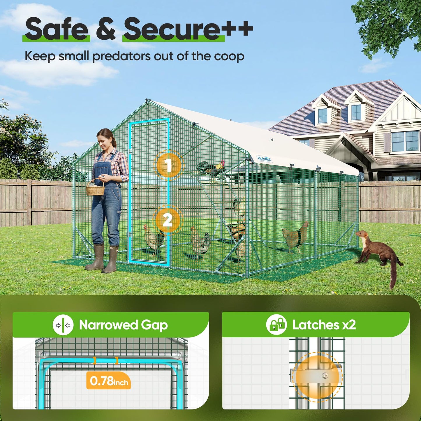 Quictent Large Metal Chicken Coop Run for 20+ Poultry with Metallic Perch, Side Hardware Cloth & Cover, Advanced Series Outdoor Walk-in Cage Hen Duck Rabbit Dog Pen Yard Farm House, 12x9x6.6FT