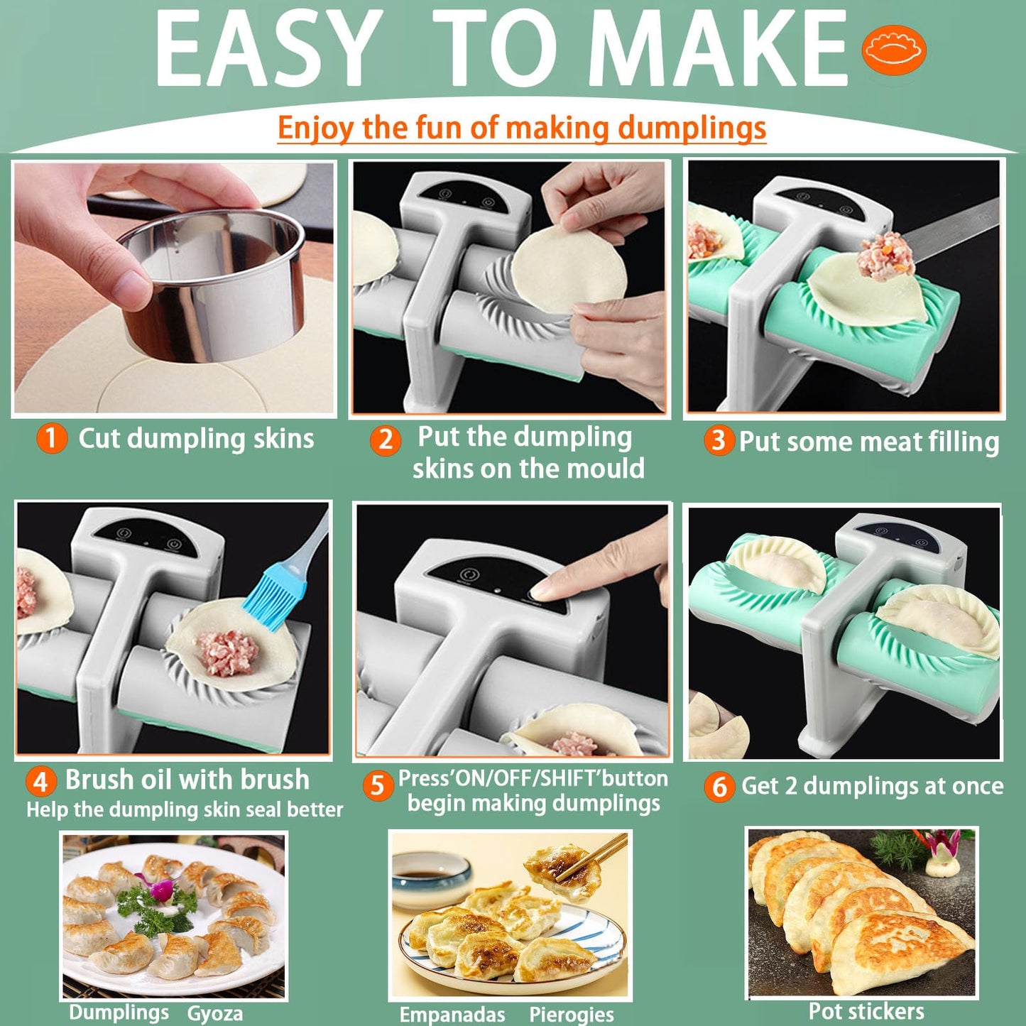 Electric Dumpling Maker Two Sizes Double Head Automatic Electric Dumpling Maker Machine Mould Household Quick Rechargeable Dumpling Maker Kit with Silicone Baking Mat,Dough Cutters,Spoon Brush