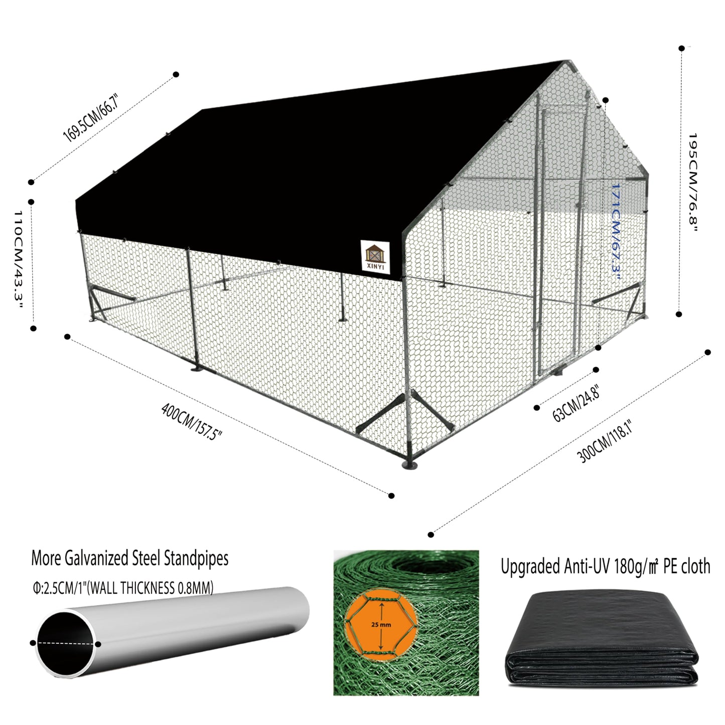 Chicken Runs for Yard with Cover, Metal Chicken Coop, Upgraded Anti-UV 180g/㎡ PE Cloth & 1.1mm Thickened PVC-Coated Hexagonal Chicken Wire Mesh & More Galvanized Steel Standpipes,13.1×9.8×6.4FT