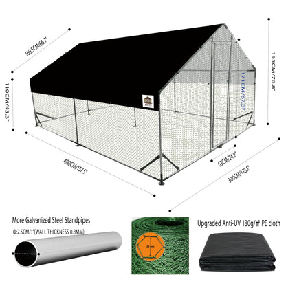 Chicken Runs for Yard with Cover, Metal Chicken Coop, Upgraded Anti-UV 180g/㎡ PE Cloth & 1.1mm Thickened PVC-Coated Hexagonal Chicken Wire Mesh & More Galvanized Steel Standpipes,13.1×9.8×6.4FT