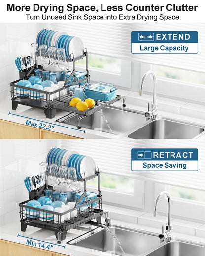 GSlife Large 2 Tier Dish Drying Rack, Expandable Heavy-Duty Dish Rack for Kitchen Counter, Rust-Resistant Dish Drainer with Utensil & Cup Holder, Auto-Drain, 16.9" W x 14.4"-22.4" L, Black