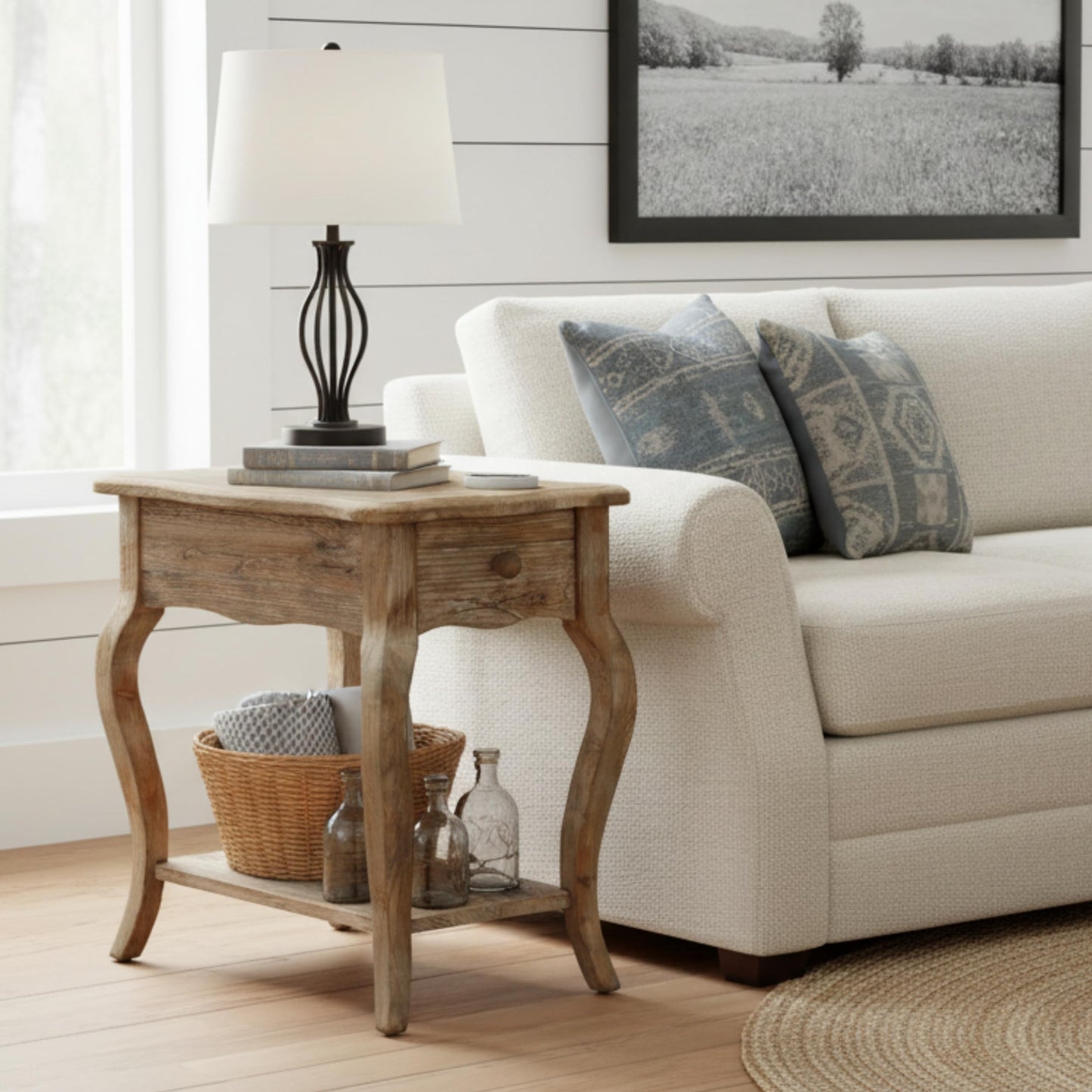 Alaterre Furniture Austerity Living Room Tables – 15 Inch Narrow Chairside Table with Drawer, Shelf, Scalloped Edges, & Curved Legs – Rustic Accent Side Table in Driftwood Finish