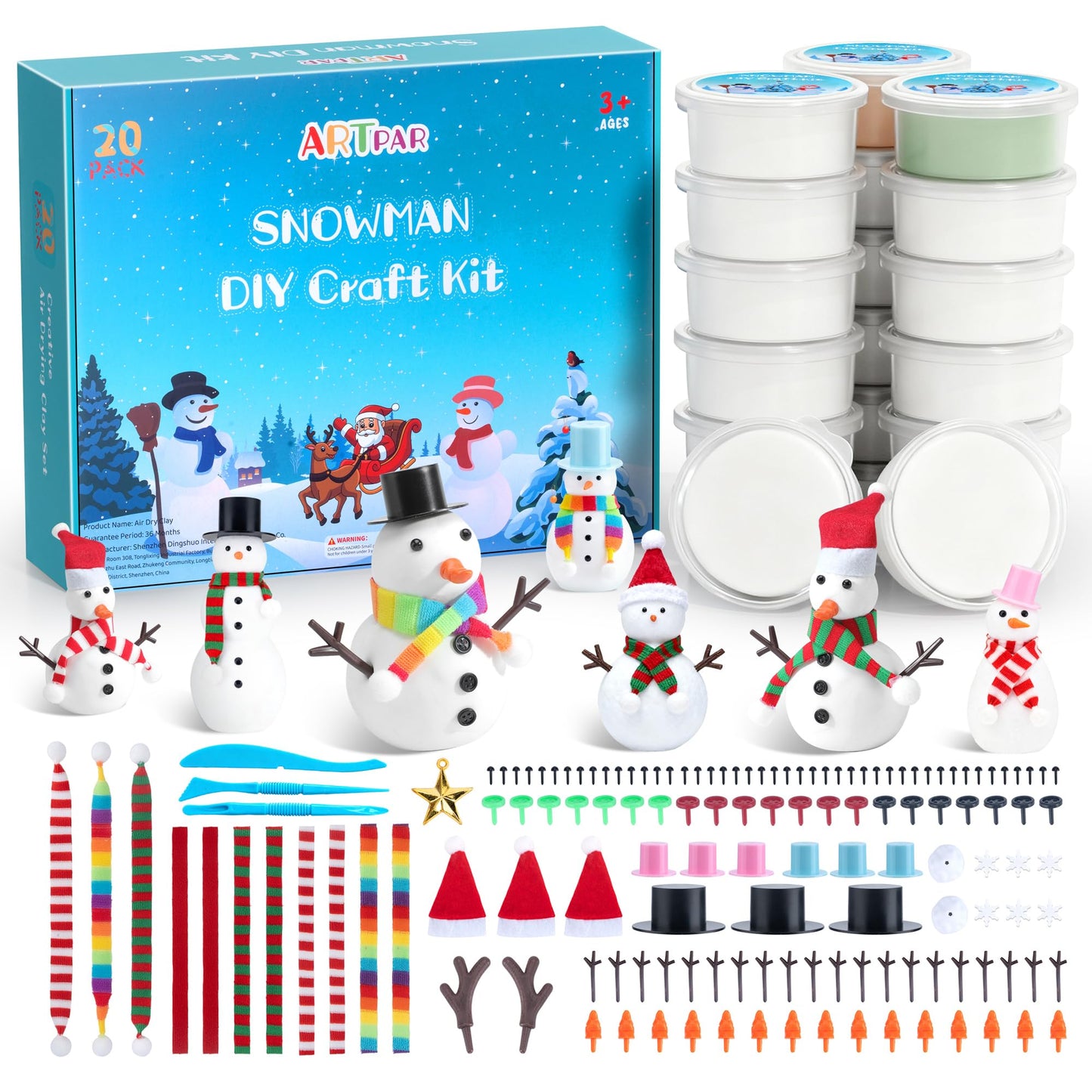 ARTPAR 20 Pack Modeling Clay DIY Snowman Kit,Air Dry Clay Snowman Crafts for Kids,Christmas Stocking Stuffers for Kids,Christmas Crafts Xmas Gift