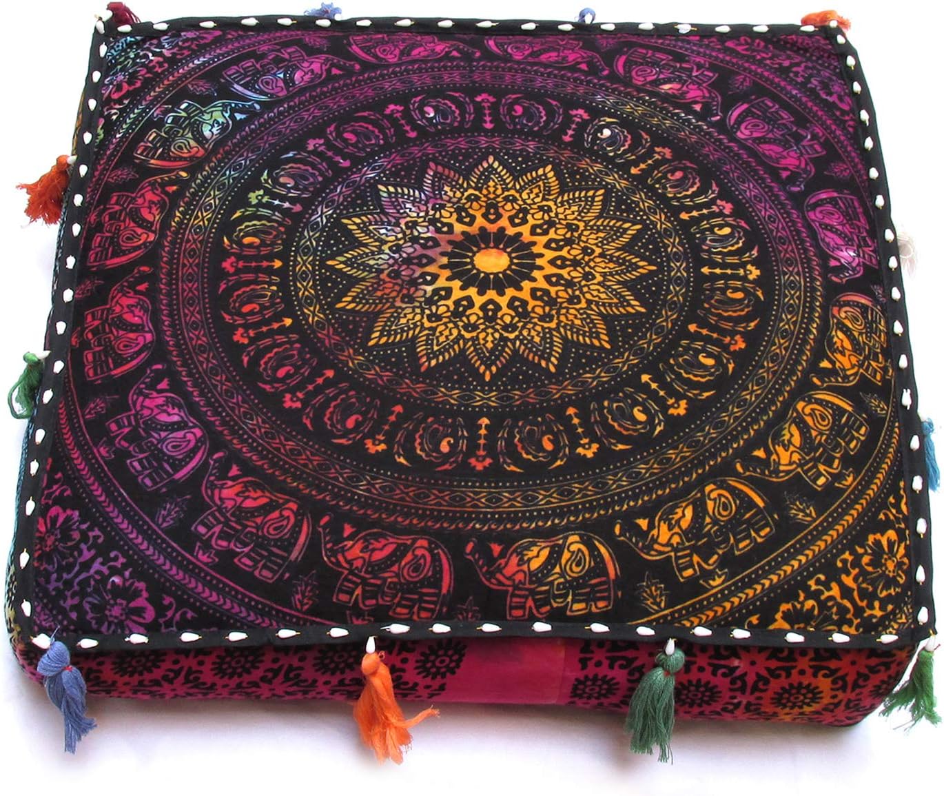 18" Large Hippie Mandala Round Floor Pillow Cover Ottoman Pouf Cover Daybed Cotton Cushion Cover with Heavy Duty Zipper
