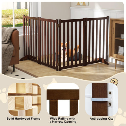30" Height Tall Freestanding Pet Gate, Solid Wood Folding Safety Fence Wooden Dog Gate with 2 PCs Support Feet Ideal for Stairs, Doorways, Halls, Kitchens, Heavy Duty Gates, 4 Panels, Walnut