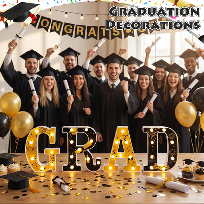Wettal 2026 Grad Light up Letters for Table, Graduation Party Decorations LED Marquee Grad Letter Lights Sign 8.7 Inches Black and Gold Graduation Centerpieces Ornaments, Batteries Not Included
