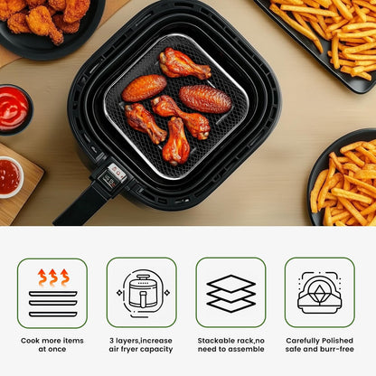 Square Air Fryer Rack - Stackable Stainless Steel Dehydrator Racks for 6-8 QT Air Fryers | Compatible with Cosori, Instant Vortex, Ninja Foodi