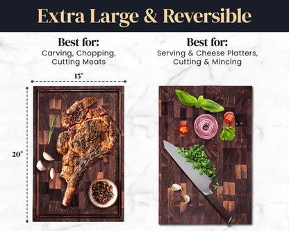 Mevell Walnut End Grain Cutting Board for Kitchen, Reversible Extra Large Wooden Butcher Block With Juice Grooves, Made in Canada (Walnut, 20x13x2)