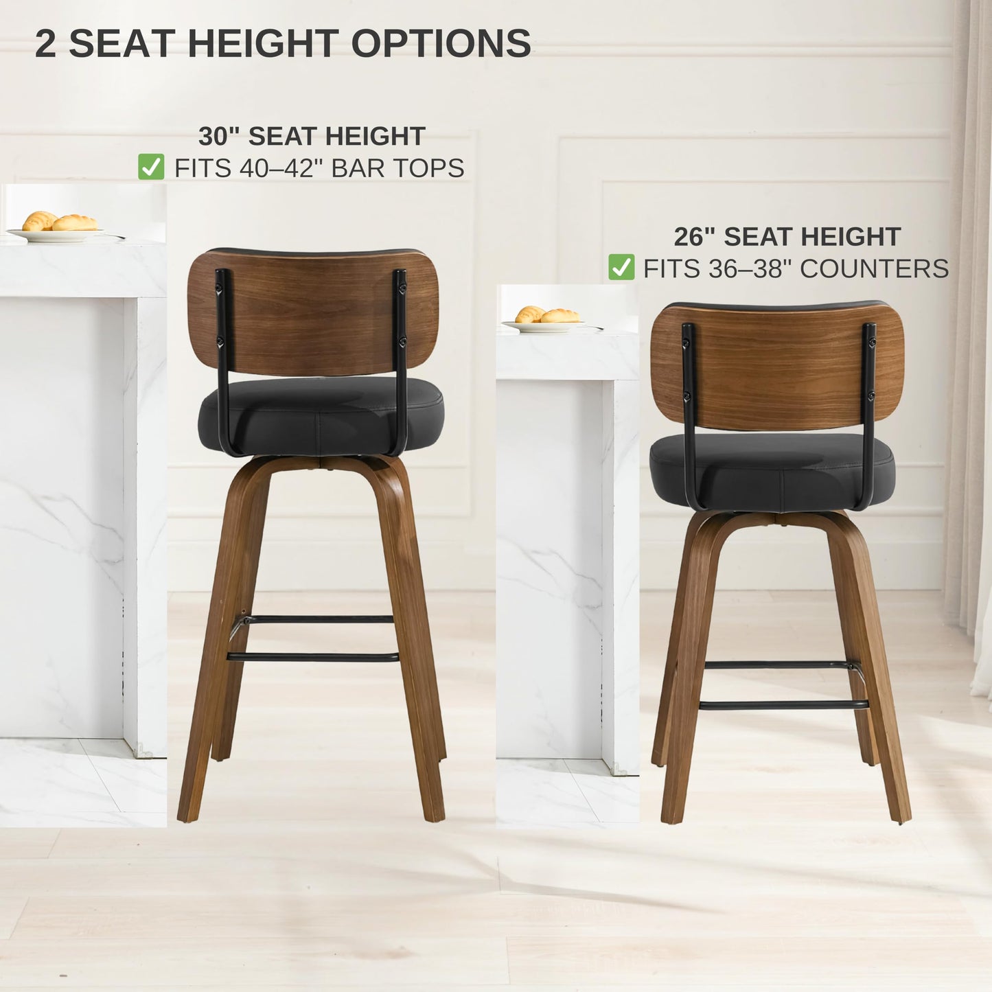 Arvasslia Swivel Bar Stools Set of 3, 26" Upholstered Counter Height Bar Stools with Back and Walnut Wood Legs, Faux Leather Barstools for Kitchen Counter, Beige Gray