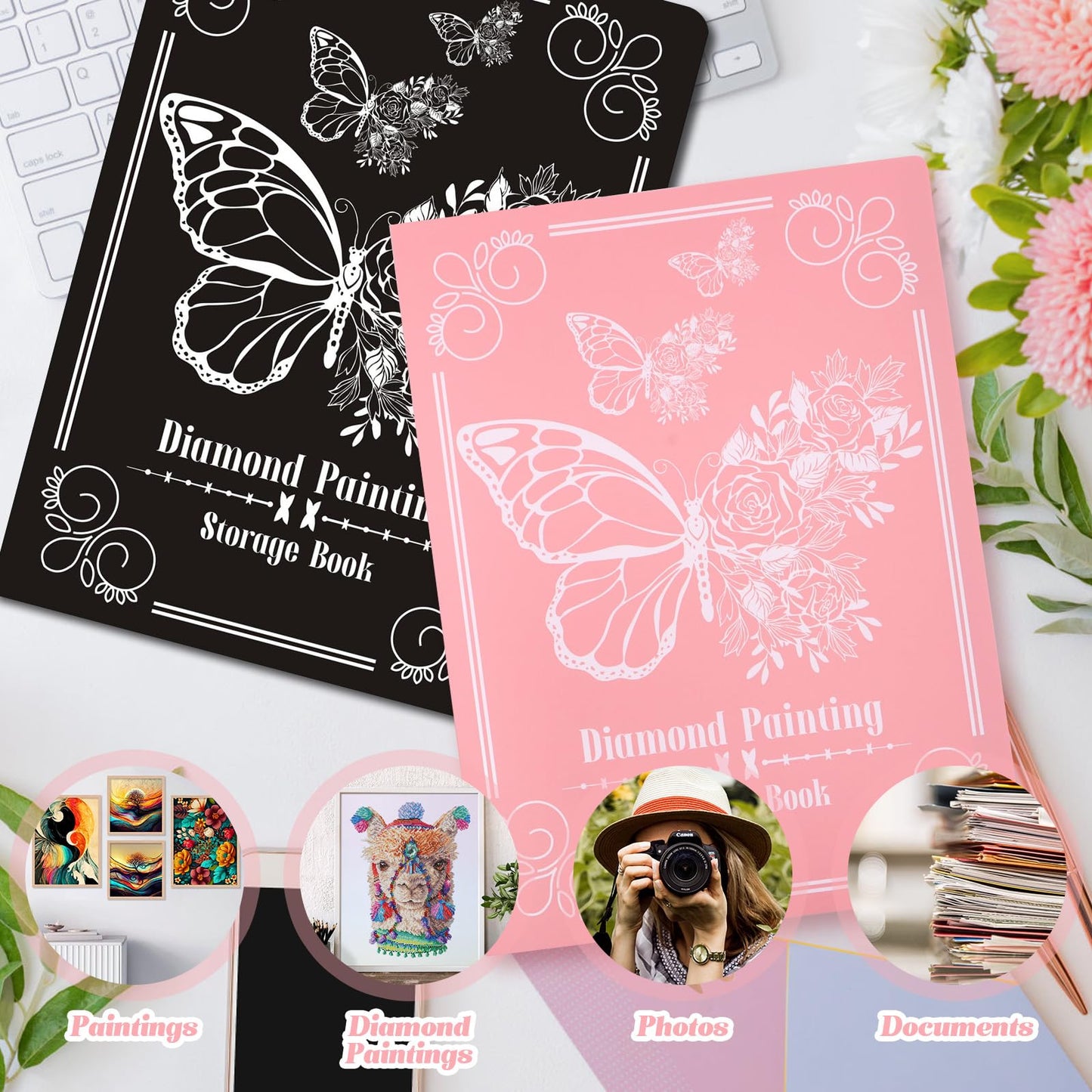 ZYNERY 2 Pack A3 Diamond Painting Storage Book, 60 Pages Art Portfolio Diamond Art Storage Large Folder - Suitable for 12x16 inch Diamond Painting (Pink + Black)
