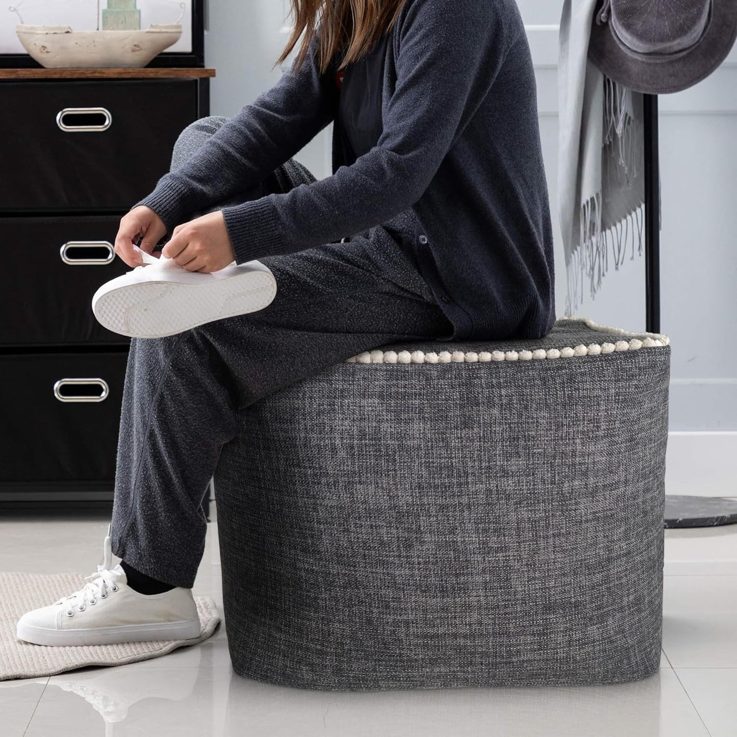 17x17in Louis Donn Geometric Unstuffed Pouf Cover Cotton Poufs with White Piping Contact Stiching Footstool Rest Soft