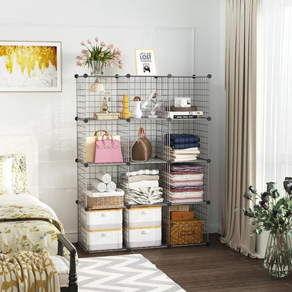 C&AHOME Wire Cube Storage - 12-Cube Organizer with Modular Metal Grids | Ideal for Home & Office, Silver Gray, 36.6”L x 12.4”W x 48.4”H