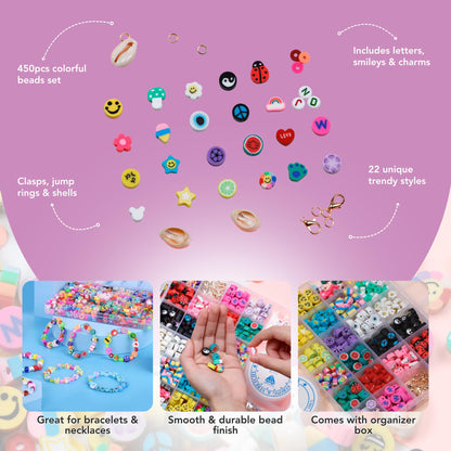 Incraftables Smiley Face Bracelet Kit – 450 Clay Beads with Flowers, Cute Charms & Small Accent Beads – DIY Jewelry Making Kit – Bracelet Supplies for Craft Projects