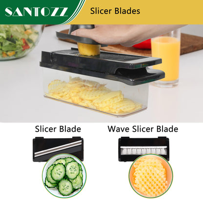 SANTOZZ Multifunctional Vegetable Chopper with Container, Vegetable Cutter with Interchangeable Blades, Onion Slicer, Garlic Grinder, Dicer for Potato, Carrot Chopper