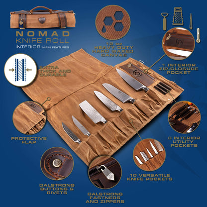 Dalstrong Nomad Knife Wrap Roll - 12oz Waxed Canvas Top Grain Leather Knife Roll Bag- 13 Slots - Interior & Rear Zipper Pockets - Travel Storage with Blade