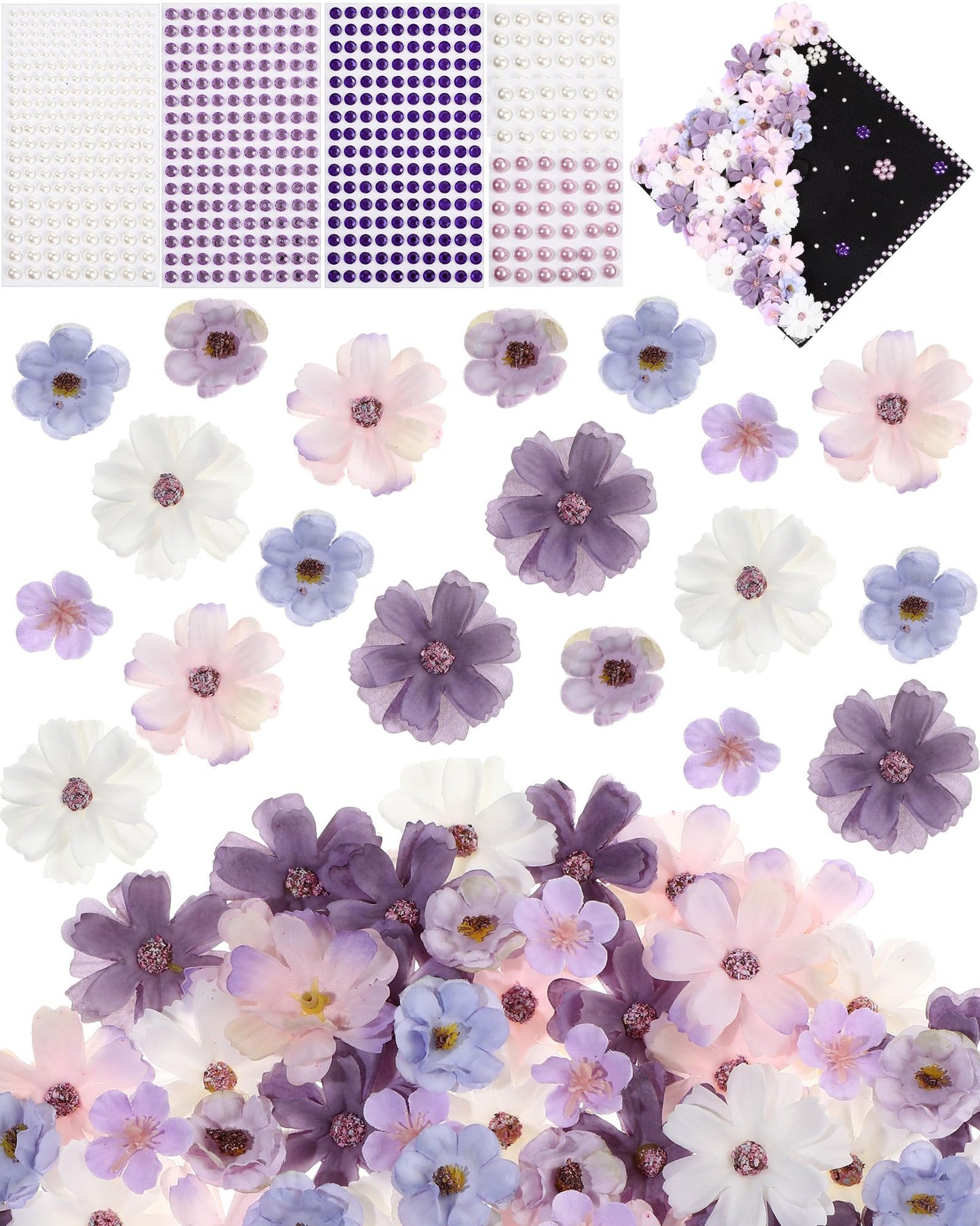 Giegxin DIY Graduation Cap Decorations Kit - 160 Mini Faux Flower Heads & 6 Pearl Rhinestone Stickers, Artificial Fabric Flowers for DIY Grad Hat Topper, Wedding Garland & Crafts(Purple Series)