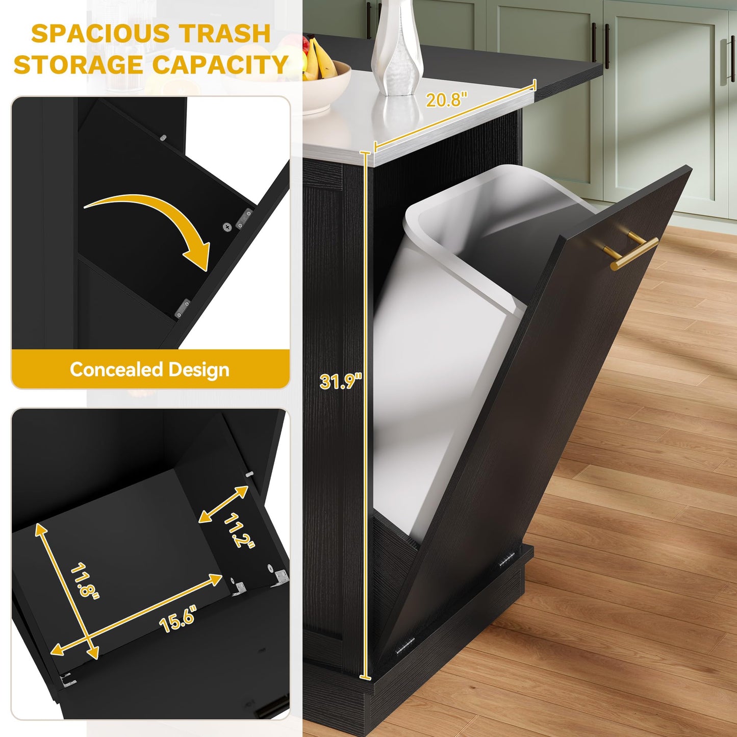 DWVO Kitchen Island with Seating and Stainless Steel Countertop, 47'' Rolling Garbage and Recycling Island with Folding Drop Leaf, Tilt-Out Trash Cabinet for 13-Gallon Bin, 2-Tire Spice Rack, Black