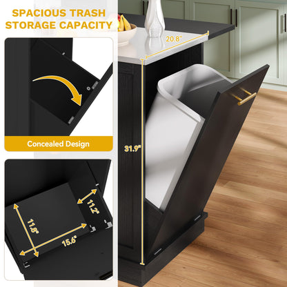 DWVO Kitchen Island with Seating and Stainless Steel Countertop, 47'' Rolling Garbage and Recycling Island with Folding Drop Leaf, Tilt-Out Trash Cabinet for 13-Gallon Bin, 2-Tire Spice Rack, Black