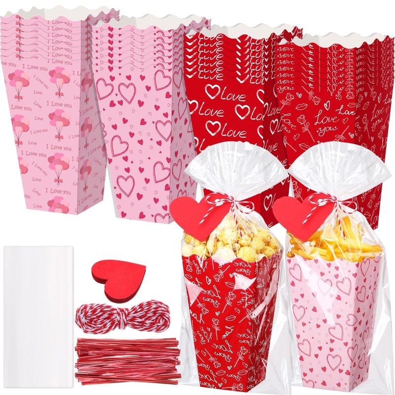 Gueevin 144 Pcs 48 Set Valentine's Day Popcorn Boxes Valentines Party Favor, Valentines Popcorn Boxes Red Pink Heart Cookie Gift Bucket with Bags, Ribbon and Card for Valentine Galentine Home Movie
