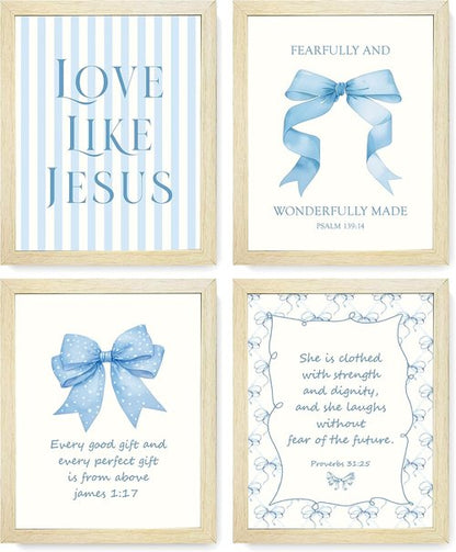 LARTSFRO Coquette Blue Bow Wall Art Decor - Inspirational Bible Verses | Set of 4, 10x8 Inch Pictures for Teen Girls' Rooms