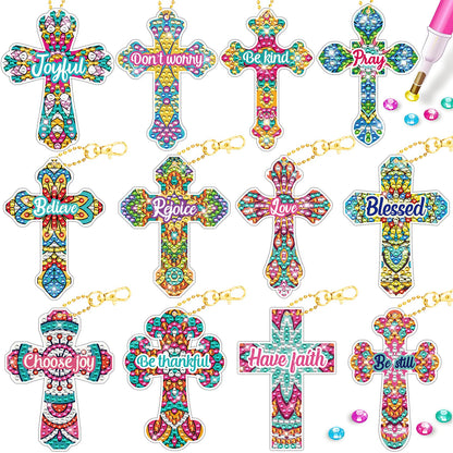 INCOK Cross Diamond Painting Keychains - 12PCS 5D Diamond Art Christian DIY Key Chain Kit DIY Key Ring Inspirational Gift Pendant for Beginner Adults Crafts Ornament