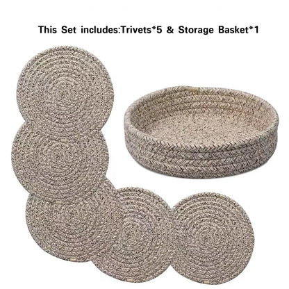 Vakelin 8 Inch Trivets for Hot Dishes, Hot Pots and Pans, Pot Holders for Kitchen, 5 Pcs Thick Heat Resistant Hot Pads for Kithchen, Countertop Hot Pad with Storage Basket
