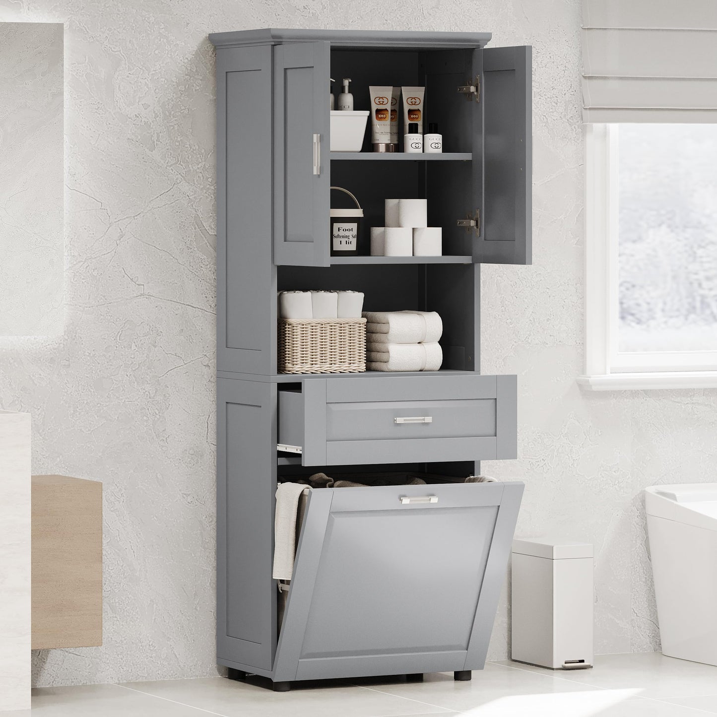 Storage Cabinet with Doors and Drawer, Multi-Functional Bathroom Storage Organizer with Laundry Hamper Basket and Open Shelf, Soft-Closing Door, Gray