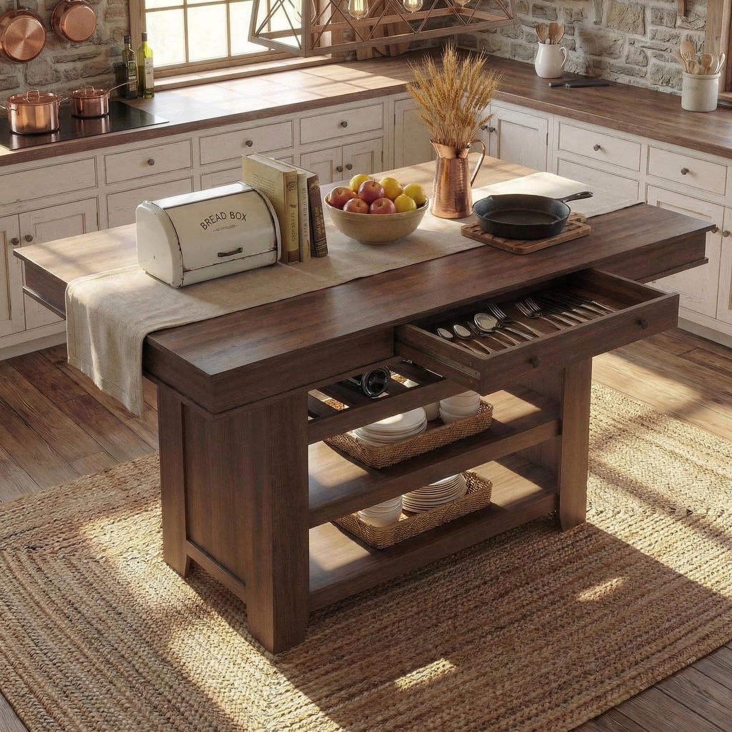 GAOMON 36" Tall Farmhouse Counter Height Dining Table for 4-6, Wooden Bar Height Kitchen Table with Thick Top, Deepened Wine Rack & Shelves, 2 Drawers, Rectangular, for Bar, Kitchen, Pub, Retro Brown