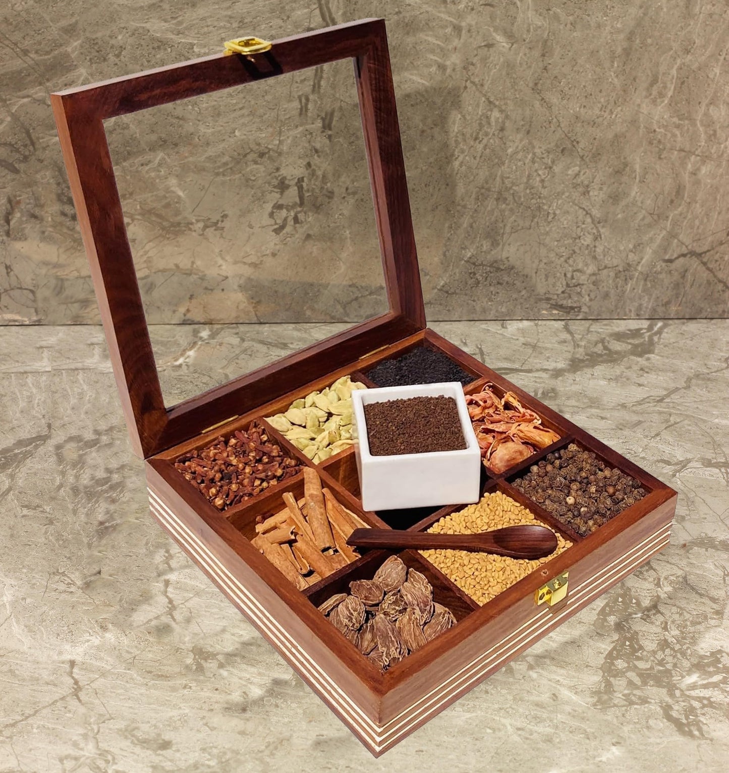 AB Handicrafts Premium Wooden Spice Box with Glass Lid – 9 Compartment Masala Organizer for Kitchen Countertop Storage