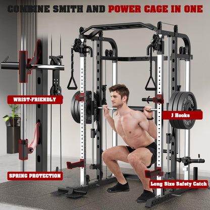 Royal Fitness Smith Machine, Multifunctional Power Cage Rack with Smith Bar and Cable Pulley System, and LAT Pull Down Machine for Home Gym…