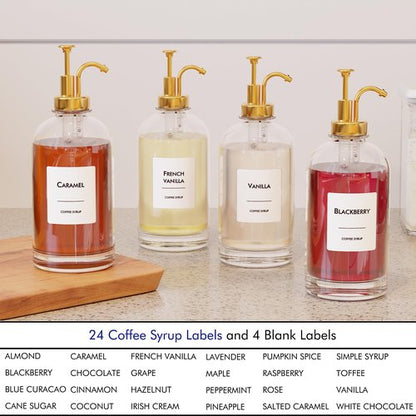 16.9 oz/500 ml Coffee Syrup Dispenser Set - 6 Glass Bottles with Gold Pumper and Syrup Labels - Precise Dispensing and Stylish Addition to Coffee Shop, Cafe or Home Bar