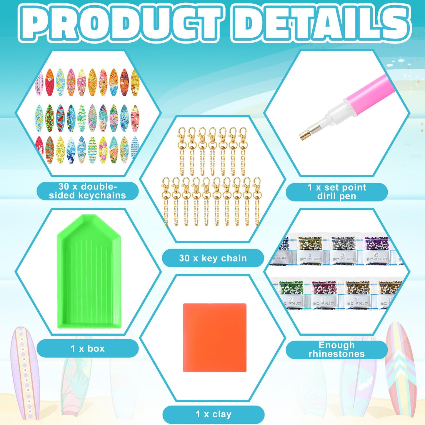 Huquary 30 Pcs Summer Diamond Art Keychains Surfboard Diamond Painting Keychain Kits for Aldults Double Sided 5d Rhinestones Beach Hawaiian Luau Party Hanging Ornaments for Beginners DIY Crafts