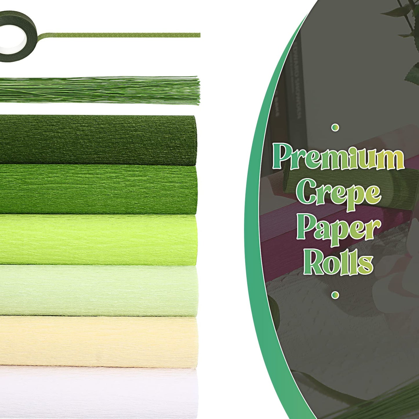 Gersoniel 57 Pcs Crepe Paper Flower DIY Kits 6 Rolls 35g Papel Crepe Sheets 50 Pcs Floral Iron Wire 10 Inch x 8 Feet 1 Roll 50 Meter for Birthday Party Wedding(Green Series)