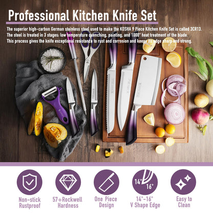 KOSHA Kitchen Knife Set, 9 Piece Knife Set with Block, with Sharpener, High Carbon Stainless Steel Accessories for Kitchen, Rust Proof, Non-Stick Coated, Ergonomic Hollow Horseshoe-shaped Handle
