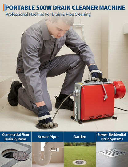 GarveeTech Portable Electric Drain Cleaner Machine, 66Ft x 5/8" & 16Ft x 3/8" Dual Cable Sewer Snake Auger with 6 Cutters for 1-4 Inch Pipes Clog Removal for Household & Professional Use
