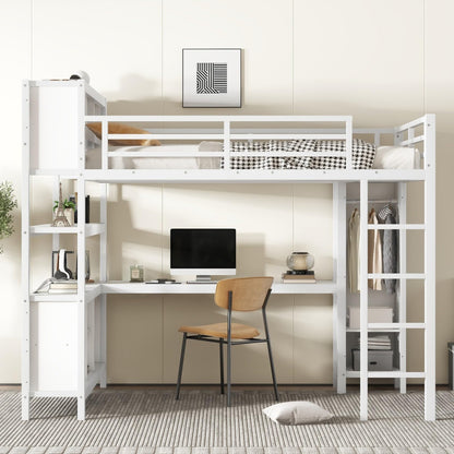 KEIKI Metal Queen Size Loft Bed Frame with Built-in L Shaped Desk, Wardrobe, Stairs, Storage Cubes & Shelves for Kids Teens Adults, No Box Spring Needed