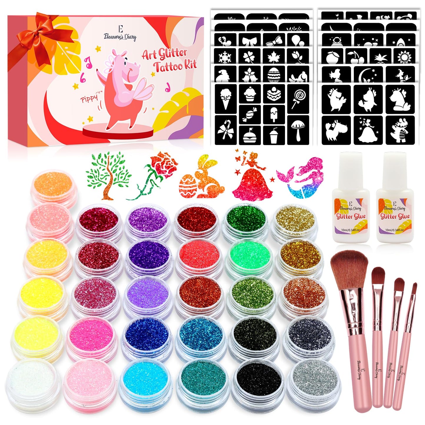 Temporary Glitter Tattoo Kids, Eleanore's Diary 31 Glitter Colors,165 Unique Stencils,2 Glue,4 Brushes,Adults & Kids Arts Glitter Make Up Kit, Gifts for Girls Boys Birthday Party Summer Festival