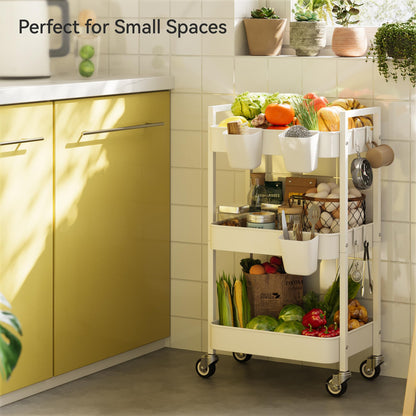 Nunsino 3 Tier Rolling Cart,Utility Cart with Locking Wheels, Hanging Cups,&Hooks, Heavy Duty Metal Storage Organizer Cart for Kitchen,Office, Bathroom,Craft Room,White