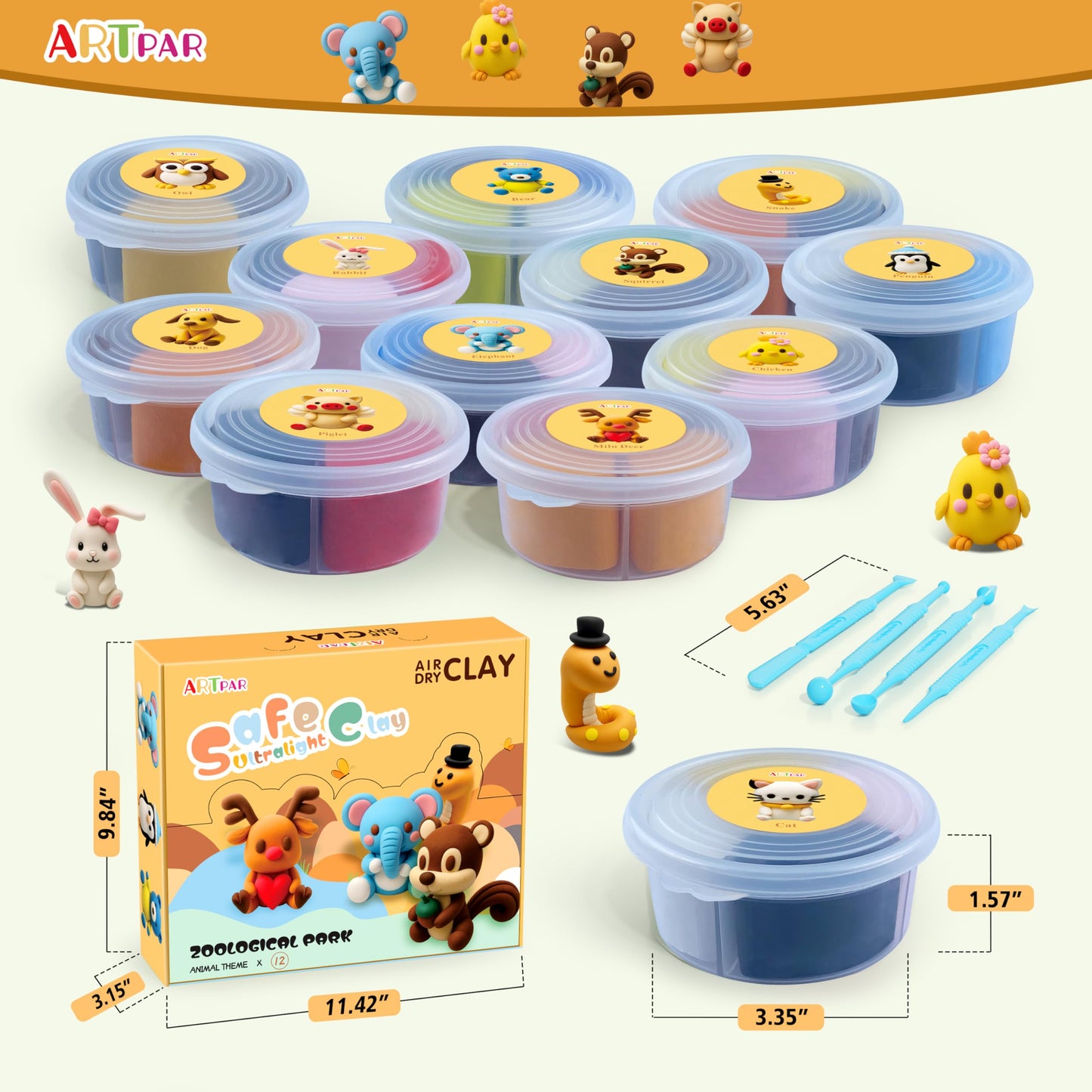 ARTPAR Air Dry Clay Kit for Kids-12 Animals Modeling Magic Clay,DIY Art Crafts Molding Clay Set,Ultra Light & Soft, Safe & Non-Stick with Sculpting Tools & Tutorials, Unique Gifts for Boys & Girls