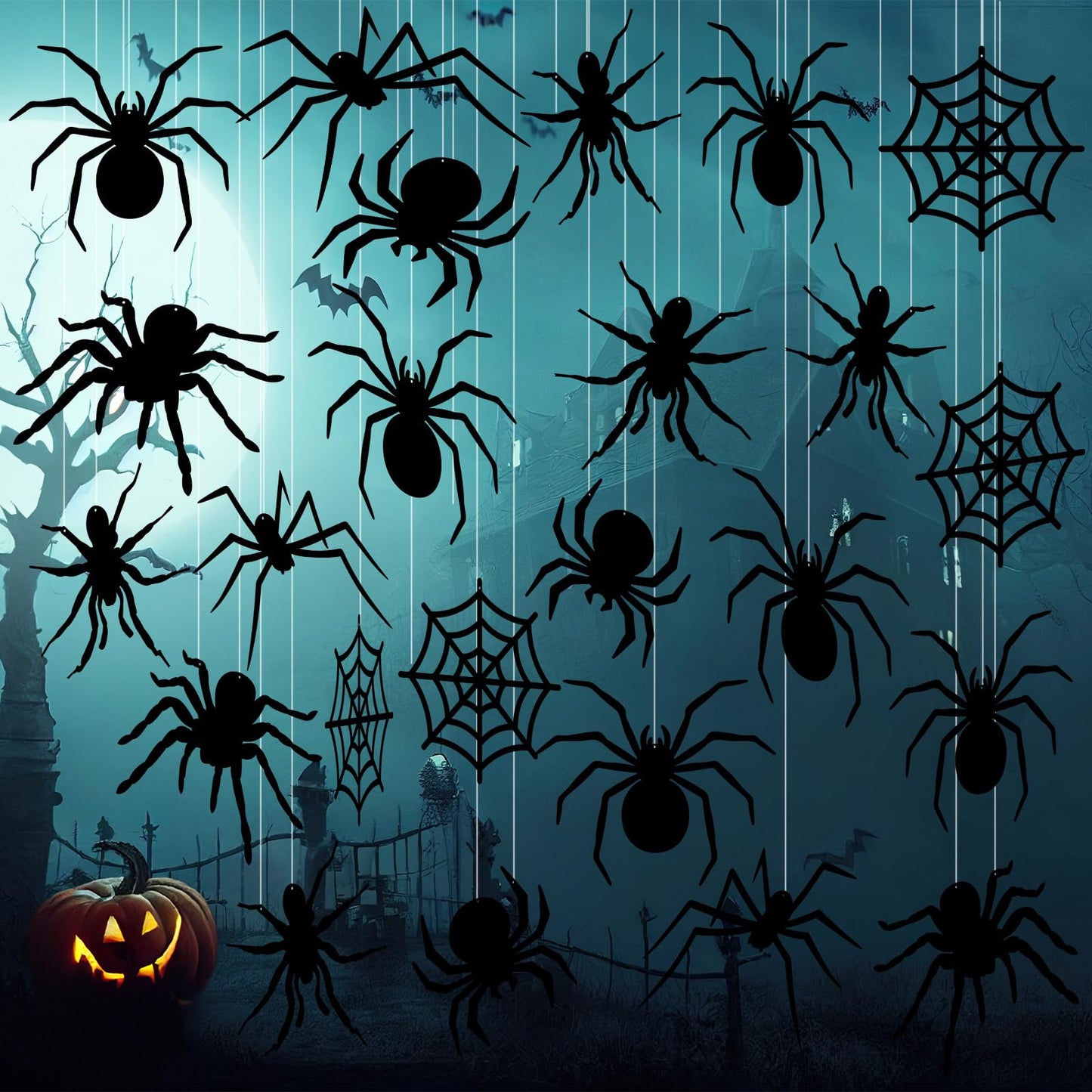 Sintuff 24 Pcs Halloween Spiders Hanging Decoration - Outdoor Spiders Webs Plastic Decor for Tree, Porch, Yard