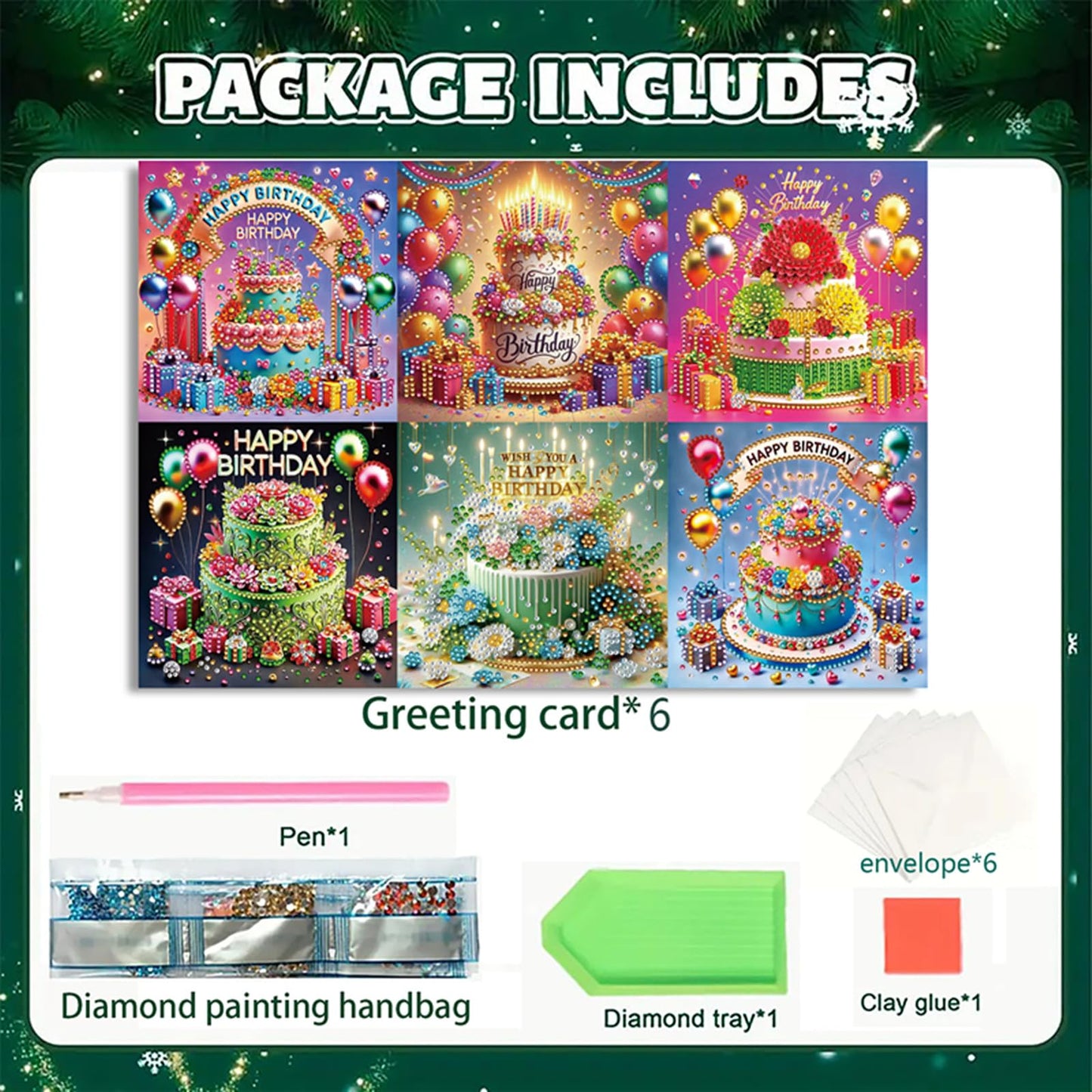 MaiYiYi 6 Pack DIY Happy Birthday Diamond Art Greeting Cards, Birthday Cake Diamond Painting Greeting Cards Kit, Balloon Diamond Art Cards with Envelopes for Family Friends Birthday
