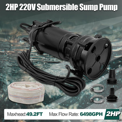Dewinston 2HP 220V Submersible Sump Pump, 6498GPH Cast Iron Sewage/Effluent Pump 1500w with Automatic Float Switch and 66ft Hose for Sump Basin, Basement, Residential Sewage, 2'' NPT Discharge