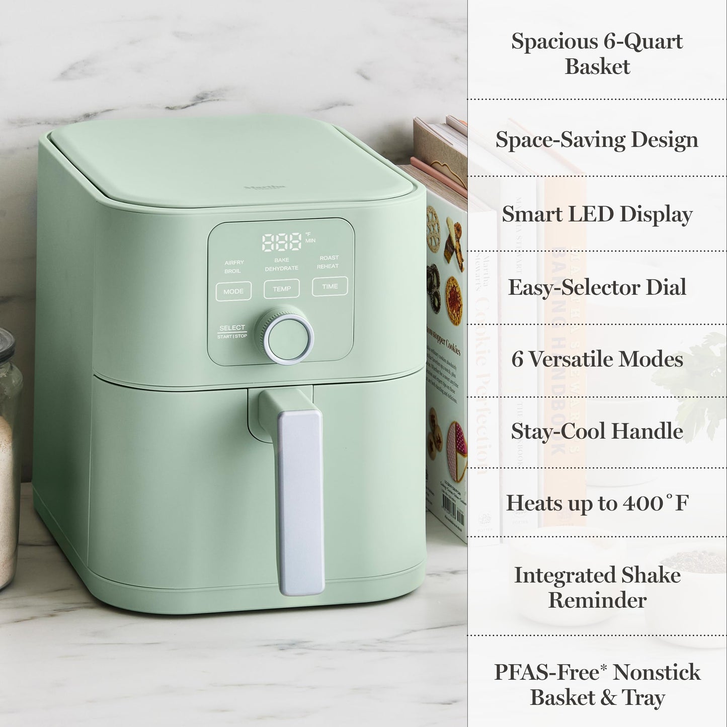 Martha Stewart 6QT Air Fryer, 6-in-1, Bake, Broil, Roast, Air Fry, Dehydrate, Reheat, Ceramic Non-Stick Basket, Crispy Results Fast, 400°F Max Temp, Shake Reminder, Auto Shut-Off, Honeydew Green