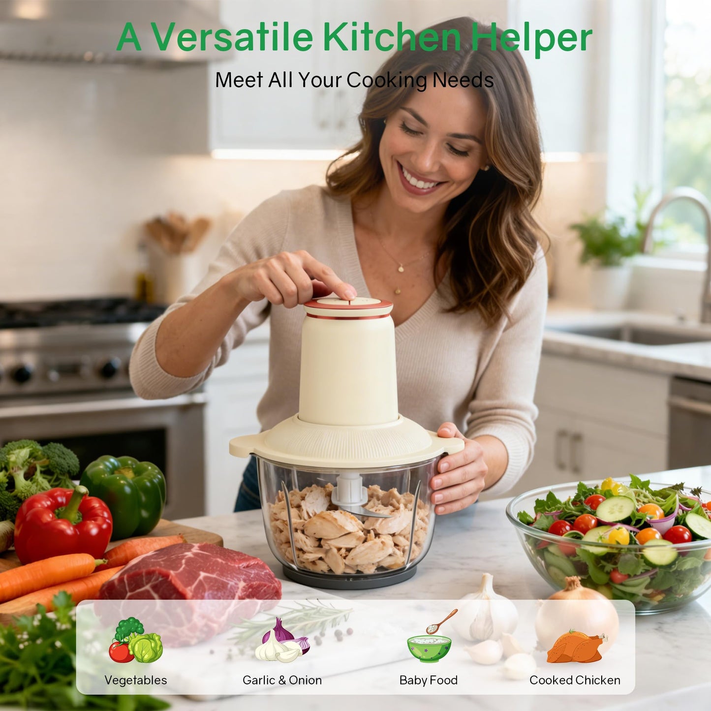 Food Processors 300W Electric Chicken Shredder Meat Grinder with Dual Blades and Full Copper Motor, 2L Food Chopper for Meat/Cooked Chicken Breast/Fish/Vegetable/Baby Food/Pet Food(Large)