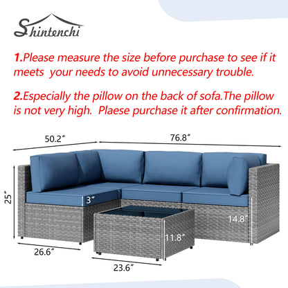 Patio Furniture Sets, 5 Piece Outdoor Sectional Sofas, Wicker Rattan Outdoor Furniture Patio Conversation Set, All-Weather PE Rattan Outdoor Couch for Backyard, Garden, Gray & Aegean Blue