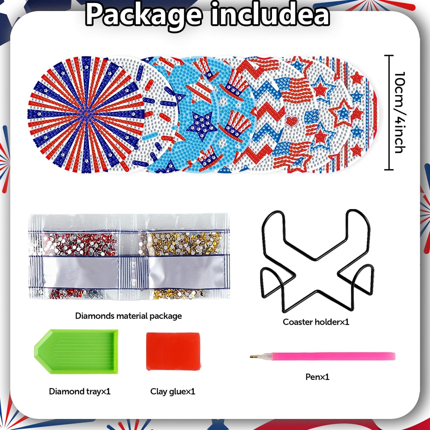 8 Pieces Patriotic Diamond Coasters with Holder DIY Cute 4th of July Diamond Art Coasters 5d Independence Day 5d Diamond Coasters for Beginners Adults Art Craft Supplies Gift