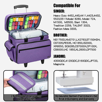 Teamoy Sewing Machine Case with Detachable Wheels, Rolling Sewing Machine Tote with Wheels and Bottom Wooden Pad, Compatible with Singer, Brother and Most Majority Machines and Accessories, Purple