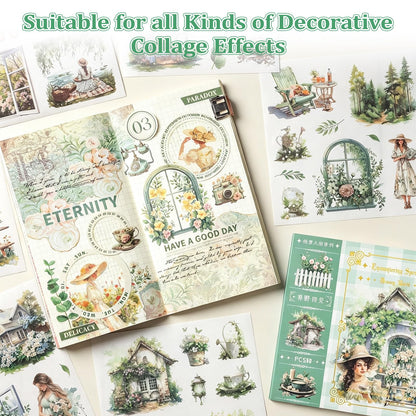 Dreamland Series Sticker Book, 2 Piece Set (Pink & Green), 100 Sheets Aesthetic Washi Stickers for Journaling - Vintage Scrapbooking Supplies for Junk Journal, Planner, DIY Arts & Crafts